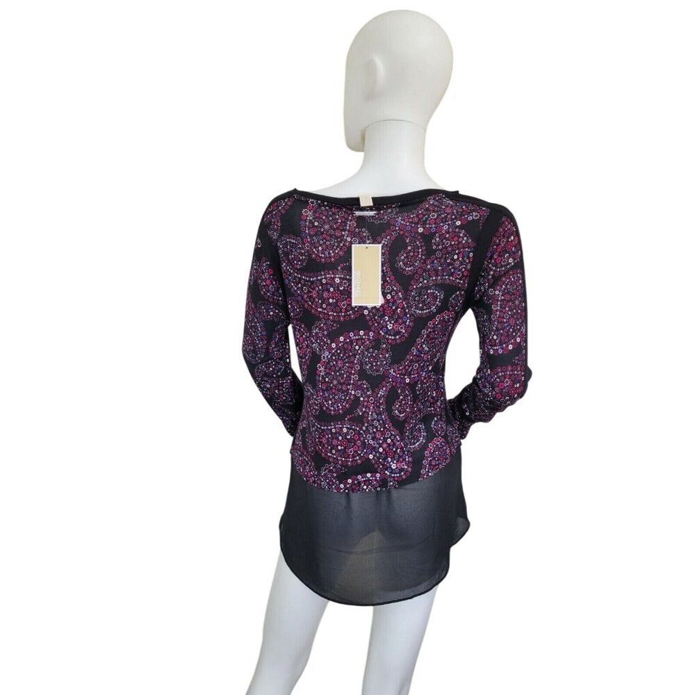 Michael Kors Womens Size XS crew Neck Long Sleeve Floral Peasant Top purple --21 - Picture 6 of 12